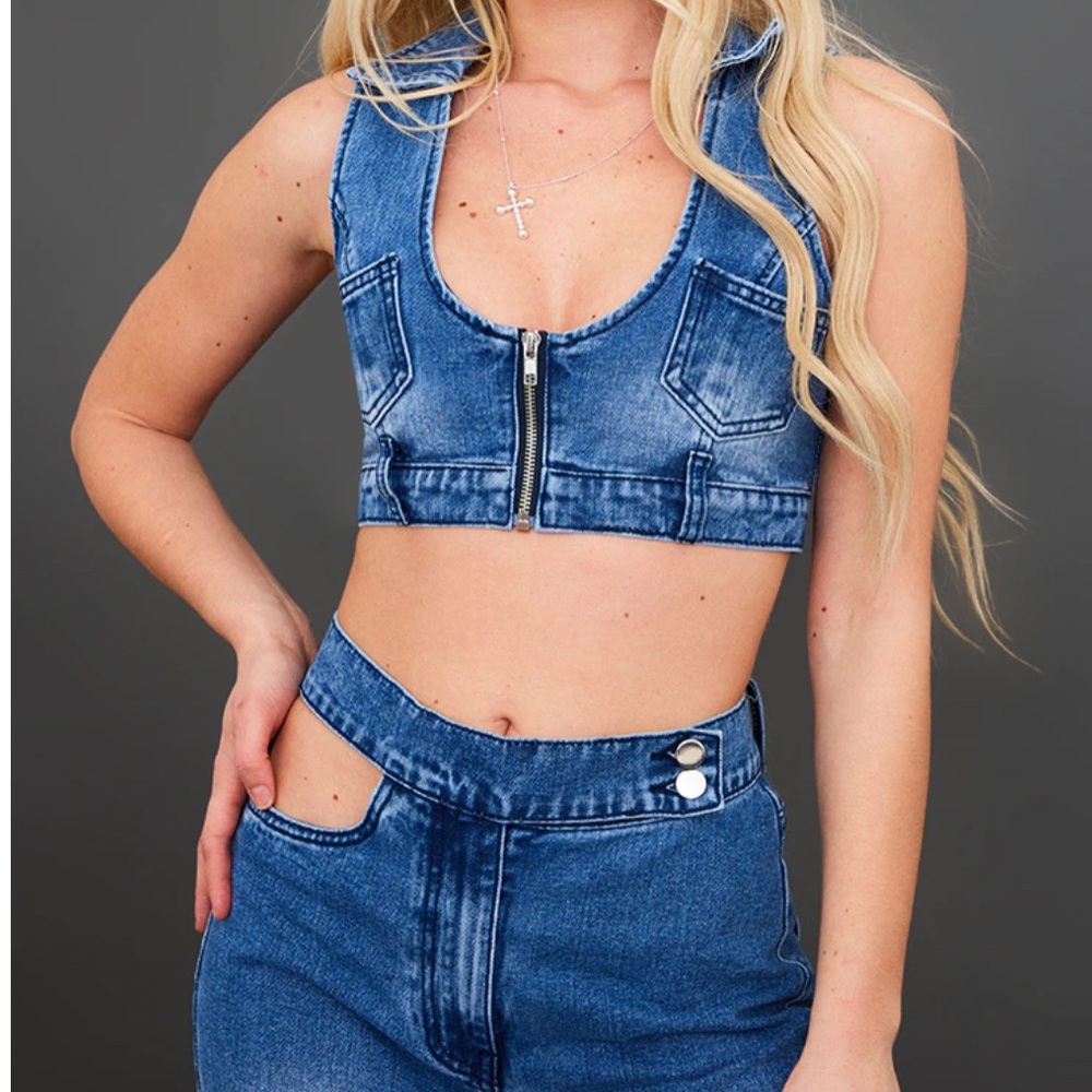 Mid Blue Wash Zip Through Denim set